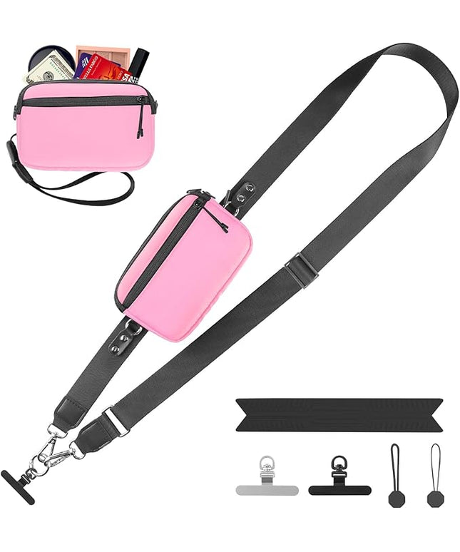Clip and Go Strap for Phone with Wallet Crossbody, Adjustable Phone Lanyard with Detachable RFID Wristlet Wallet & Ultra-Thin 360° Rotatable Metal Tabs for All Smartphones (Pink)