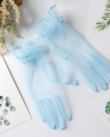 Women's Summer Tulle Gloves Pleated Ruffle Full Finger Wrist Length Opera Party Gloves
