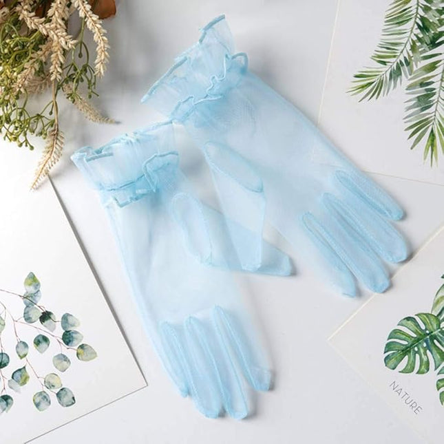Women's Summer Tulle Gloves Pleated Ruffle Full Finger Wrist Length Opera Party Gloves