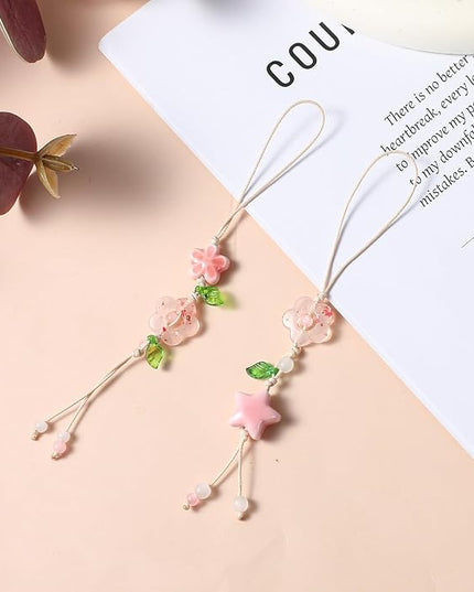 2 Pcs Flower Cute Phone Charm, Phone Chains Straps with Pink Ceramic Star Kawaii Phones Accessories Leaf Floral Wrist Lanyard Bracelet for Keys Bags Camera Pendants Decor