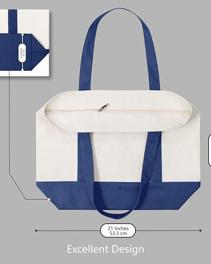 TOPDesign 6-Pack Canvas Tote Bags with an External Pocket, Reusable Grocery Shopping Bags, Top Zipper Closure, Daily Essentials (Blue/Natural)