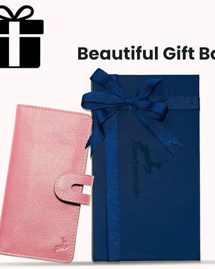 DEERHANDMADE womens wallet (Holds 15-18 Cards, 4 Flat Pockets, 1 ID Windows) Genuine Leather clutch purses for women | Slim long wallets for women | rfid blocking wallet (pink wallets)