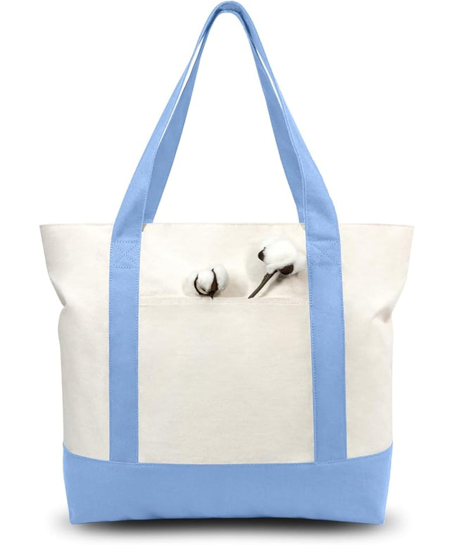 TOPDesign 1-Pack Canvas Tote Bag with an External Pocket, Reusable Grocery Shopping Bag, Top Zipper Closure, Daily Essentials (Light Blue/Natural)