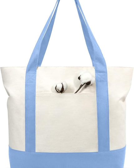 TOPDesign 6-Pack Canvas Tote Bags with an External Pocket, Reusable Grocery Shopping Bags, Top Zipper Closure, Daily Essentials (Light Blue/Natural)