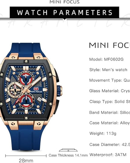 MF MINI FOCUS Men's Watch Analog Fashion Wrist Watch, Skeleton Tonneau Watch for Men with Chronograph,Ideal for Sports Enthusiasts and Daily Wear