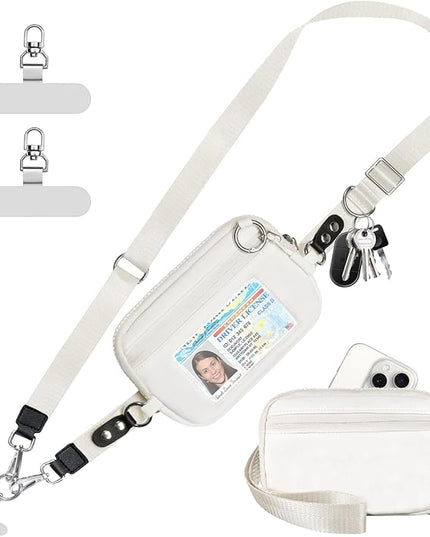 Clip and Go Strap for Phone with Wallet Crossbody Phone Lanyard Adjustable and Detachable RFID Wristlet Wallet with ID Window and Zipper, Cream(L)