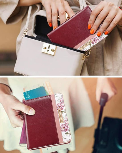 Passport Holder Cover Travel RFID Blocking Passport Cover Rose Gold Cute Flowers Passport Wallet with Elastic Band for Women