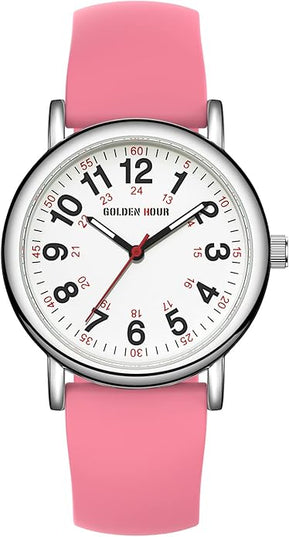 GOLDEN HOUR Waterproof Nurse Watch for Medical Professionals, Students Women Men - Military Time Luminouse Easy Read Dial, 24 Hour with Second Hand, Colorful Silicone Band