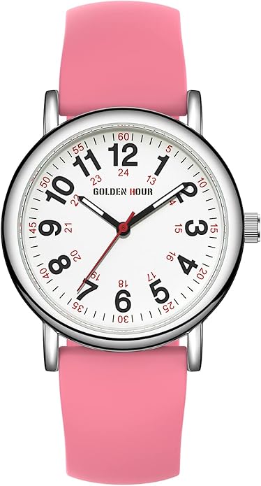 GOLDEN HOUR Waterproof Nurse Watch for Medical Professionals, Students Women Men - Military Time Luminouse Easy Read Dial, 24 Hour with Second Hand, Colorful Silicone Band