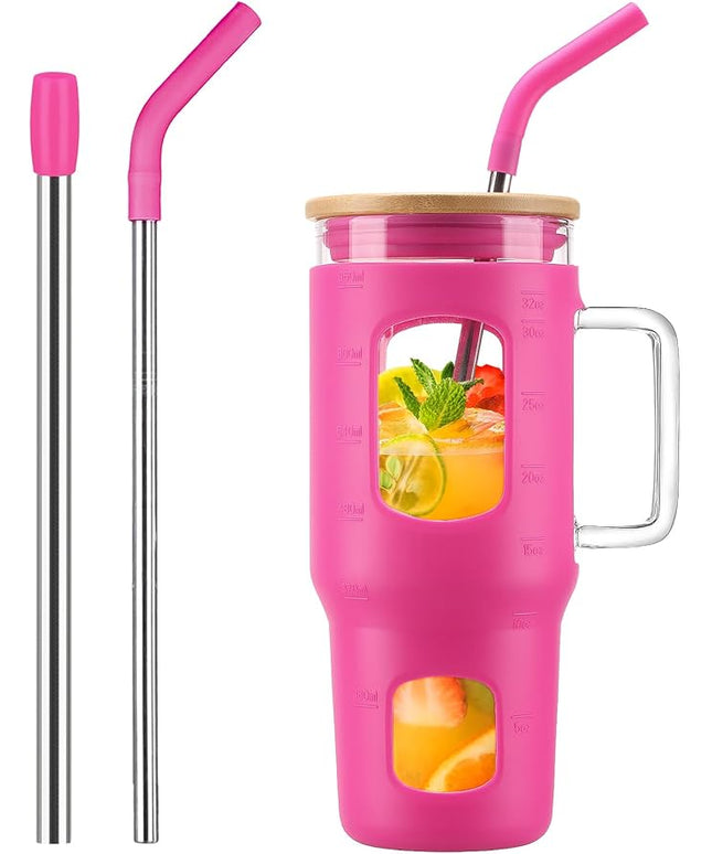 Glass Tumbler with Straw & Lid, 32 oz Glass Cup with Handle, Water Bottle with Time Marker - Pearl Straw & Silicone Protective Sleeve - Rose Red