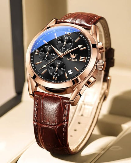 OLEVS Men's Watches Leather Strap Analog Quartz Watch, Fashion Big Dial Date Waterproof Watch, Dress Luxury Luminous Men Watches
