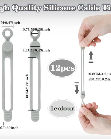 12Pcs Grey Silicone Cable Ties, Grey Cord Strap, Silicone Cable Straps, Rubber Cable Ties, Charger Computer Headphone Mouse Cord Ties for Office Home Kitchen School Travel Organization
