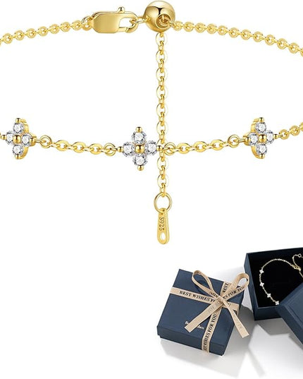 Moissanite Four Leaf Clover Charm Bracelet for Women,Symbol of Love & Luck,14K Gold/White Gold Plated D Color VVS1 Moissanite, 6.5+2Inch Adjustable Hypoallergenic Cable Chain,Ready to Dainty Lucky Jewelry Gift for Valentine’s Day Bracelet from Boyfrien...