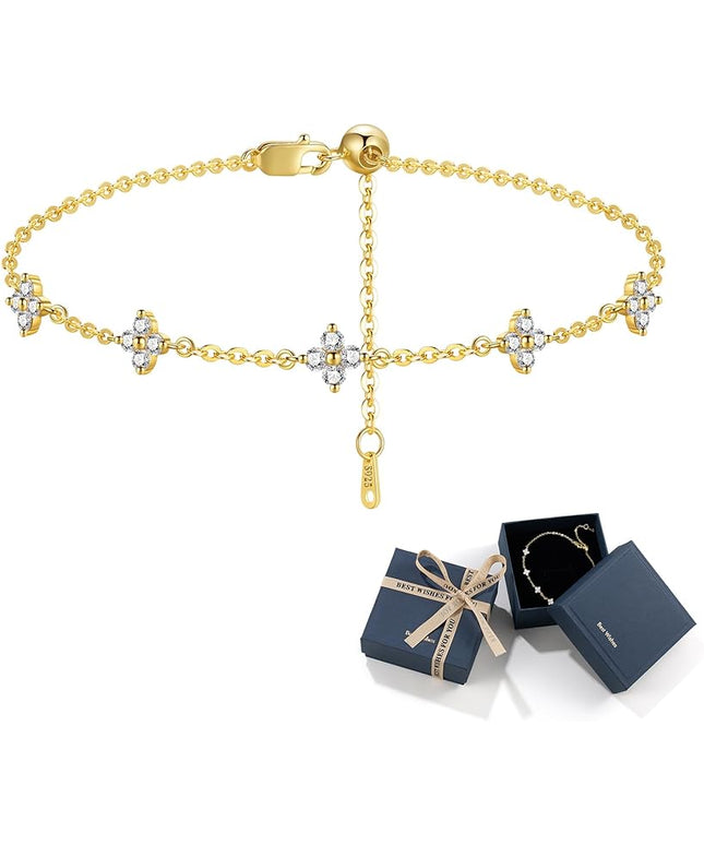 Moissanite Four Leaf Clover Charm Bracelet for Women,Symbol of Love & Luck,14K Gold/White Gold Plated D Color VVS1 Moissanite, 6.5+2Inch Adjustable Hypoallergenic Cable Chain,Ready to Dainty Lucky Jewelry Gift for Valentine’s Day Bracelet from Boyfrien...