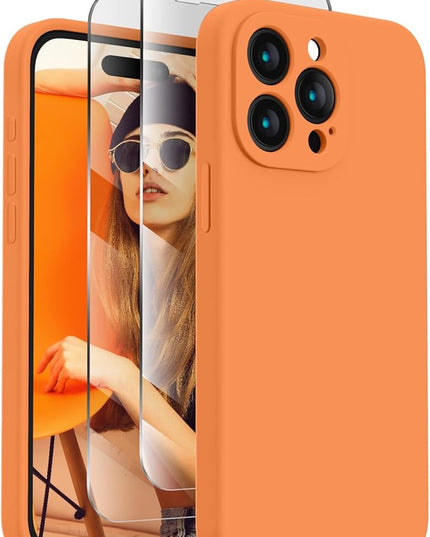 FireNova Designed for iPhone 15 Pro Case, Silicone Upgraded [Camera Protection] Phone Case with [2 Screen Protectors], Soft Anti-Scratch Microfiber Lining Inside, 6.1 inch, Kumquat