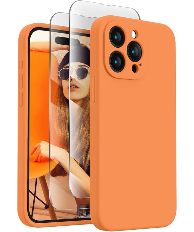FireNova Designed for iPhone 15 Pro Case, Silicone Upgraded [Camera Protection] Phone Case with [2 Screen Protectors], Soft Anti-Scratch Microfiber Lining Inside, 6.1 inch, Kumquat