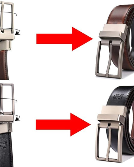 beltox fine Men's Dress Belt Leather Reversible 1.25" Wide Rotated Buckle Gift Box
