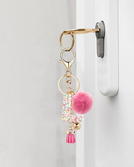 Resin Alphabet Initial Letter Keychain Keyring for Women Purse Handbags With Fur Ball Pom
