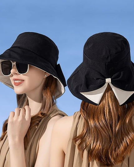 Womens Wide Brim Sun Hats UPF50+ UV Packable Beach Hat Summer Bow Decoration Bucket Cap for Travel