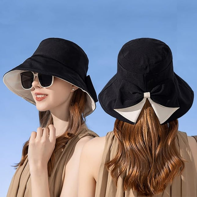 Womens Wide Brim Sun Hats UPF50+ UV Packable Beach Hat Summer Bow Decoration Bucket Cap for Travel