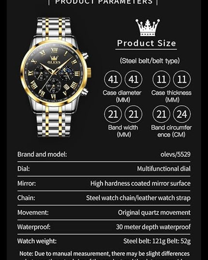 OLEVS Mens Watch Luxury Big Face Stainless Steel Analog Quartz Multifunctional Waterproof Luminous Date Two Tone Fashion Dress Wrist Watches for Man