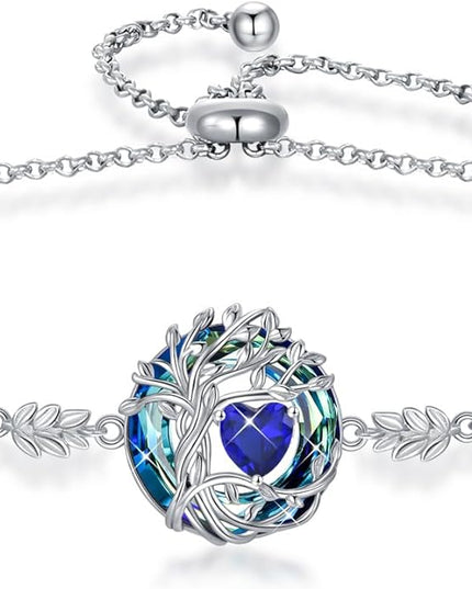 TOUPOP Tree of Life Birthstone Bracelet 925 Sterling Silver Family Tree Austrian Crystal Jewelry Anniversary Birthday Christmas Gifts for Women Wife Girlfriend Her