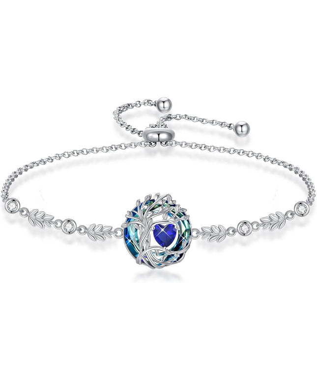 TOUPOP Tree of Life Birthstone Bracelet 925 Sterling Silver Family Tree Austrian Crystal Jewelry Anniversary Birthday Christmas Gifts for Women Wife Girlfriend Her