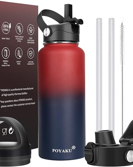Water Bottle Insulated 32oz 40oz 64oz 128oz Straw Lid Spout Lid & 3 Lids, Leak Proof, Vacuum Insulated,Stainless Steel Water Bottle Wide Mouth for Sports, Gym or Office