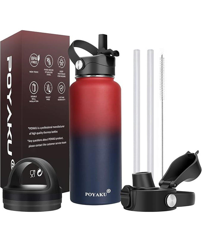Water Bottle Insulated 32oz 40oz 64oz 128oz Straw Lid Spout Lid & 3 Lids, Leak Proof, Vacuum Insulated,Stainless Steel Water Bottle Wide Mouth for Sports, Gym or Office