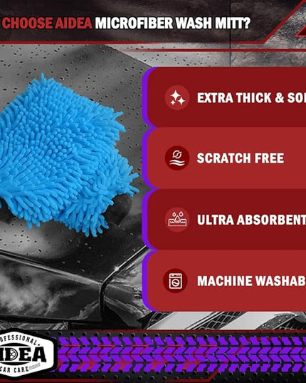 AIDEA Car Wash Mitt Microfiber, 1PK Scratch Free Lint-Free, Premium Chenille Microfiber Sponge Mitt Car Wash Brush, Blue, Regular Size 7.12''X10.14''