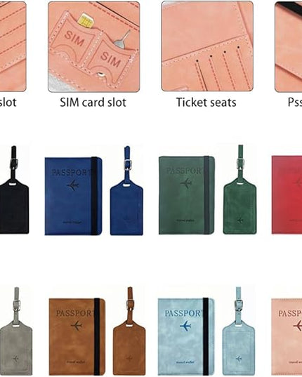 Luggage Tag and Passport Holder Set,Passport Cover with Card Slot and Boarding Pass Slot Combo,Passport Travel Must Have, Waterproof and Scratch Resistant Travel Accessories（Brown）