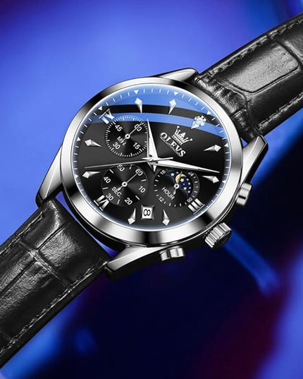 OLEVS Men's Watches Leather Strap Analog Quartz Watch, Fashion Big Dial Date Waterproof Watch, Dress Luxury Luminous Men Watches