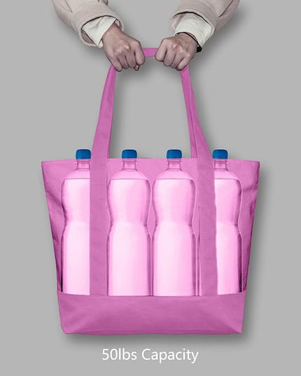 TOPDesign 1-Pack Canvas Tote Bag with an External Pocket, Reusable Grocery Shopping Bag, Top Zipper Closure, Daily Essentials (Light Purple)