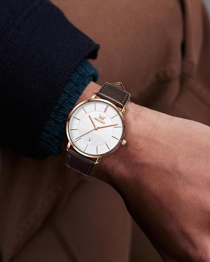 OLEVS Mens Watches Mens Leather Watch Ultra Thin Watches for Men Minimalist Watch with Leather Band Quartz Analog Dress Casual Simple Lightweight relojes para Hombres