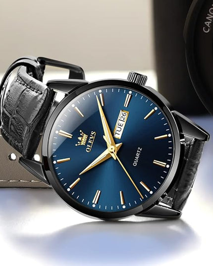 OLEVS Watches for Men Brown Leather Gold Case Analog Quartz Fashion Business Dress Watch Day Date Luminous Waterproof Casual Male Wrist Watches