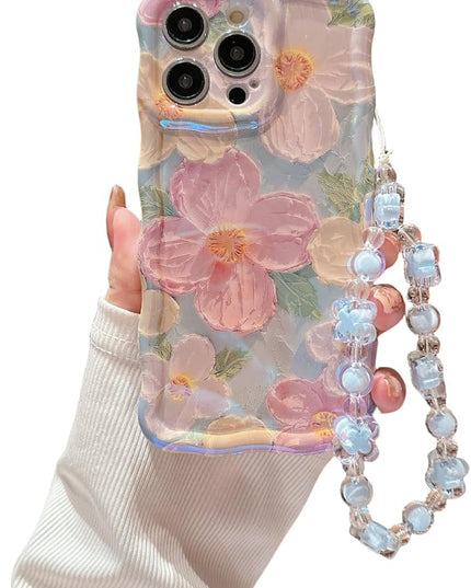 Green Wavy Case for iPhone 12 | Curly Protection Frame, Vintage Glossy Oil Painting Floral Print, with Lovely Bead Chain, for Grils and Women
