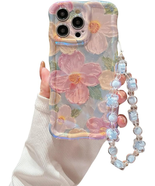 Green Wavy Case for iPhone 12 | Curly Protection Frame, Vintage Glossy Oil Painting Floral Print, with Lovely Bead Chain, for Grils and Women
