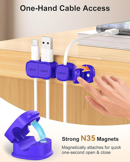 6 Pack Magnetic Cable Clips [1s Open/Lock], Laitver Cord Organizer Holder Strong Adhesive Desk Cable Management- Organize Charging Cords Neatly for Home, Office, Car,Desk, Nightstand-Dark Blue