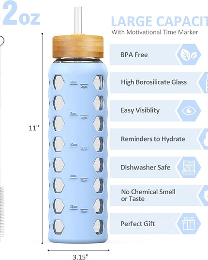 MUKOKO Glass Water Bottles,32oz Glass Tumbler with Straw,Drinking Bottles with 2 Lids-Handle Spout Lid&Bamboo Straw Lid,Motivational Water Bottle with Time Marker and Silicone Sleeve,1 Pack-Glacier
