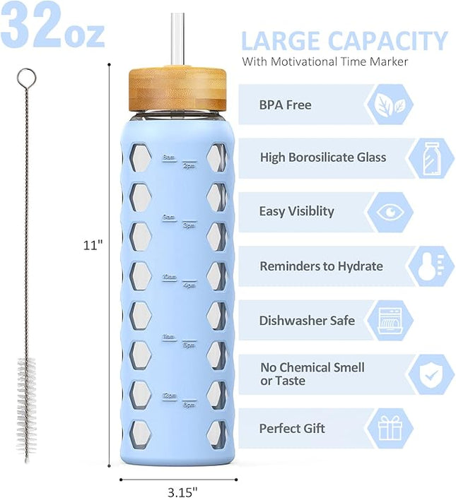 MUKOKO Glass Water Bottles,32oz Glass Tumbler with Straw,Drinking Bottles with 2 Lids-Handle Spout Lid&Bamboo Straw Lid,Motivational Water Bottle with Time Marker and Silicone Sleeve,1 Pack-Glacier