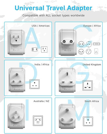Universal Travel Adapter Kit, VINTAR 35W 5FT Detachable Extension Cord with 4 AC and 3 USB Ports(2 USB-C), Type A, C, D, G, I, M International Power Adapter for EU/India/South Africa