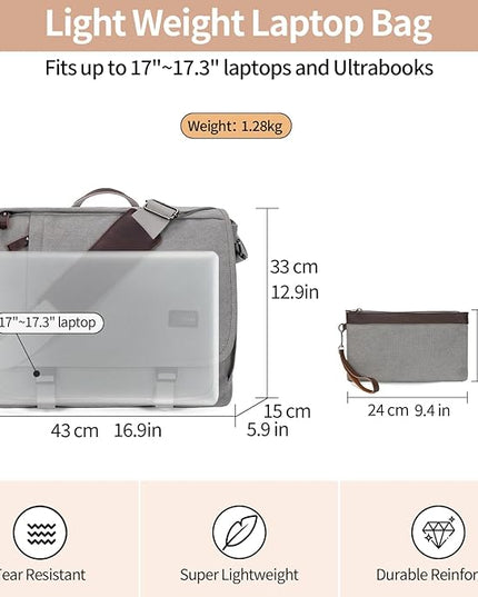 Nerlion Messenger Bag for Men 17-17.3 Inch Laptop Bag Canvas Water-resistant Computer Bag Shoulder Bag Work Briefcase Bookbag for College (Light Gray)