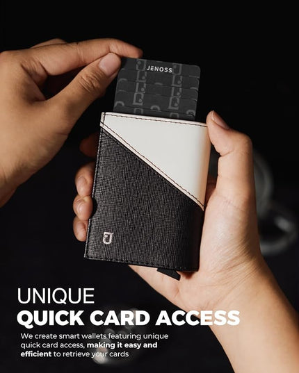 Jenoss Smart Wallet For Men: Full Grain Leather, Handcrafted, Slide Metal Pop Up Case, Slim RFID Blocking Credit Card Holder, Minimalist, Compact 12 Cards Slot Organizers, ID, Money Clip (Black&Cream)