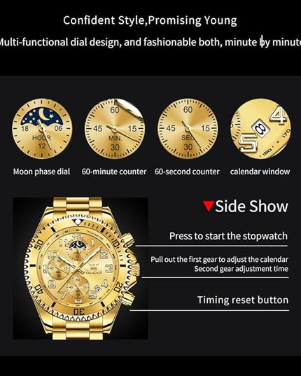 OLEVS Mens Watches Chronograph Watch Luxury Dress Stainless Steel Waterproof Watches for Men Moon Phase Luminous Business Calendar Wrist Watch Blue/Black/Green/Gold/Face