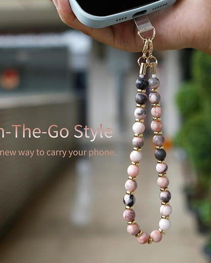 Marble Beaded Phone Wrist Strap,Detachable Phone Bracelet Strap with Tether Tab,Hands-Free Wristlet Strap (Pink Zebra)
