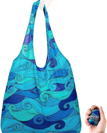 Nanobag Ultralight Foldable Tote for Women & Men, Reusable Grocery & Travel Bag, Packable Collapsible Compact Market Essential (Standard Blue Waves)