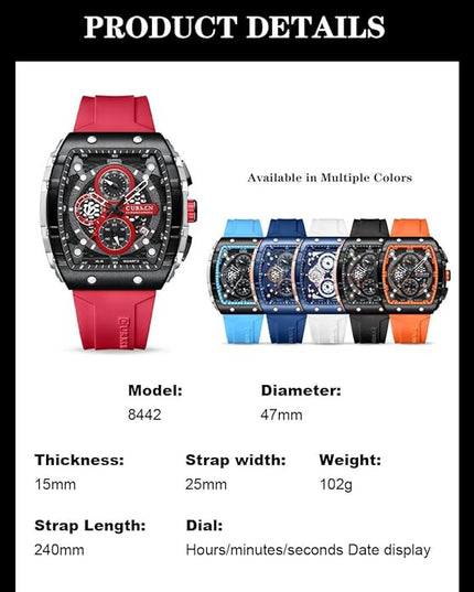 PASOY Luxury Chronograph Watches for Mens Rubber Strap Black Waterproof Date Analog Quartz Watch