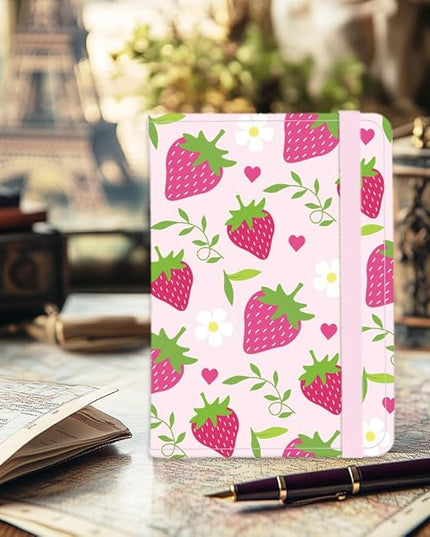 Strawberry Leather Passport Holder Cover Pink Hearts Flower Travel Wallet Passport Case with Credit Card Slots for Women Men Travelling Essentials for Flying