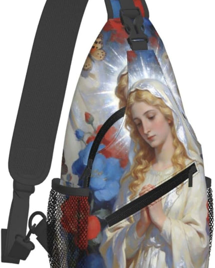 Our Lady of Guadalupe Sling Bag Crossbody Bags Clovers Chest Bag for Travel Hiking for Men Women White Mary 2