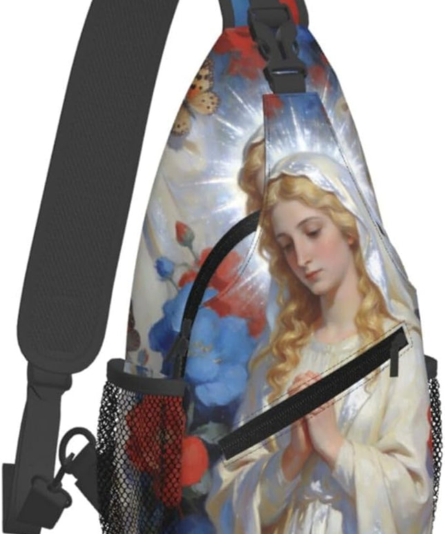 Our Lady of Guadalupe Sling Bag Crossbody Bags Clovers Chest Bag for Travel Hiking for Men Women White Mary 2